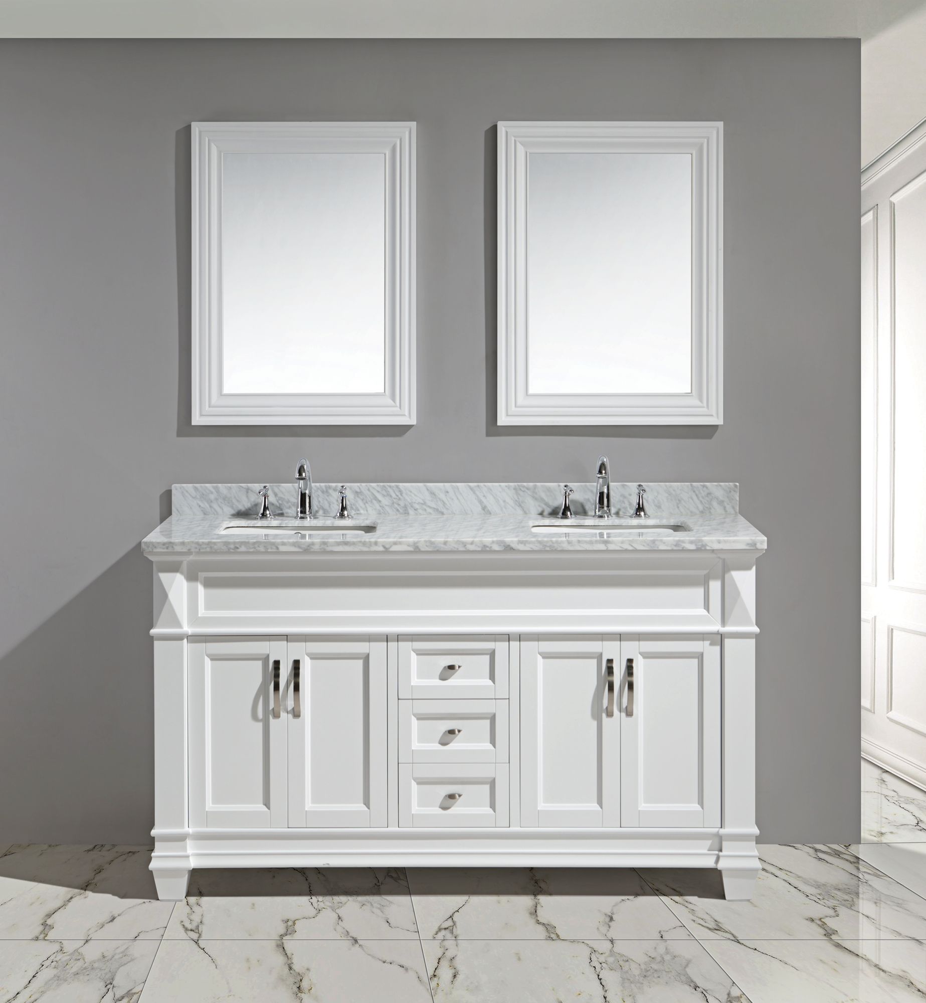Hudson 60" White Carrara Marble Double Sink Vanity Set