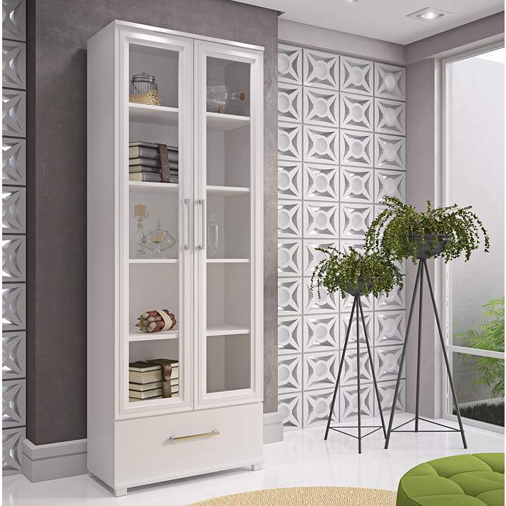 Serra 71 3 4 High White Wood Glass, Modern Bookcase With Glass Doors And Drawers