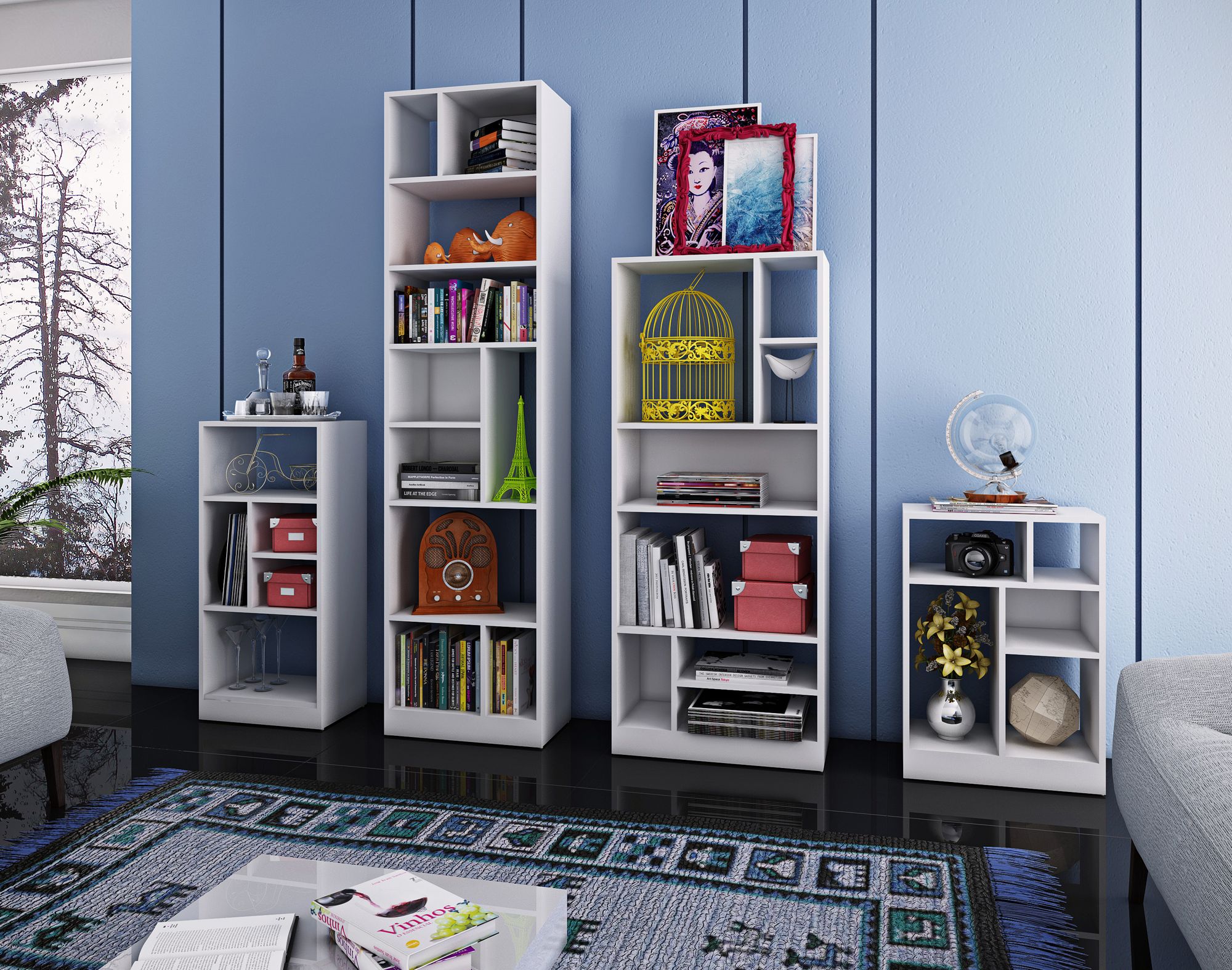 Valenca White Wood 4-Piece Bookcase Set