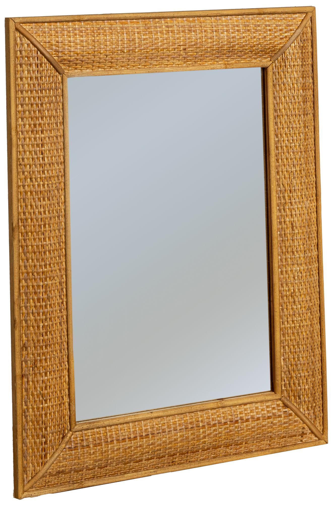 Rectangle Wood Framed Wall Mirror with Rattan Detail, Brown