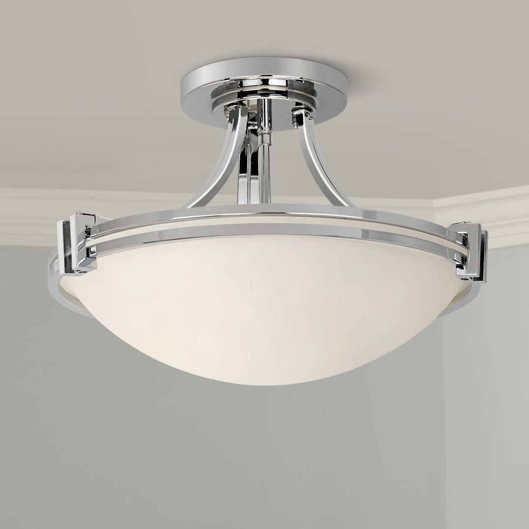 Art Deco Semi Flush Mount Ceiling Light Fixture Chrome 16" White Glass ...