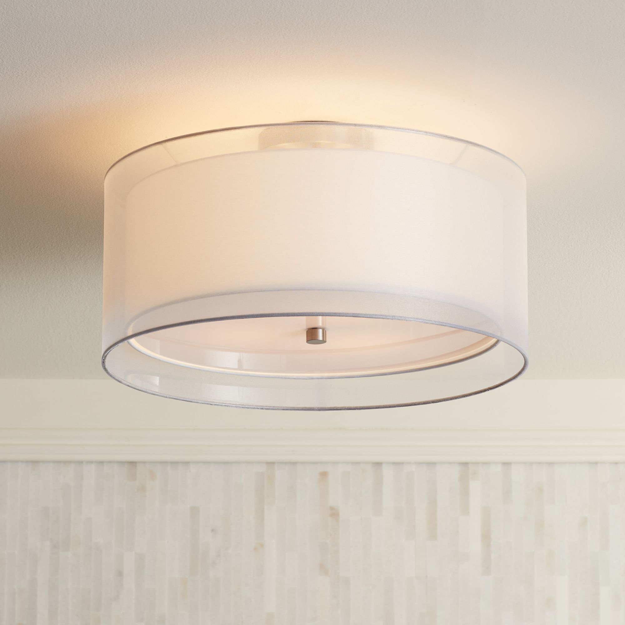 Details About Ceiling Light Flush Mount Fixture Silver Double Drum 18 Wide Bedroom Kitchen