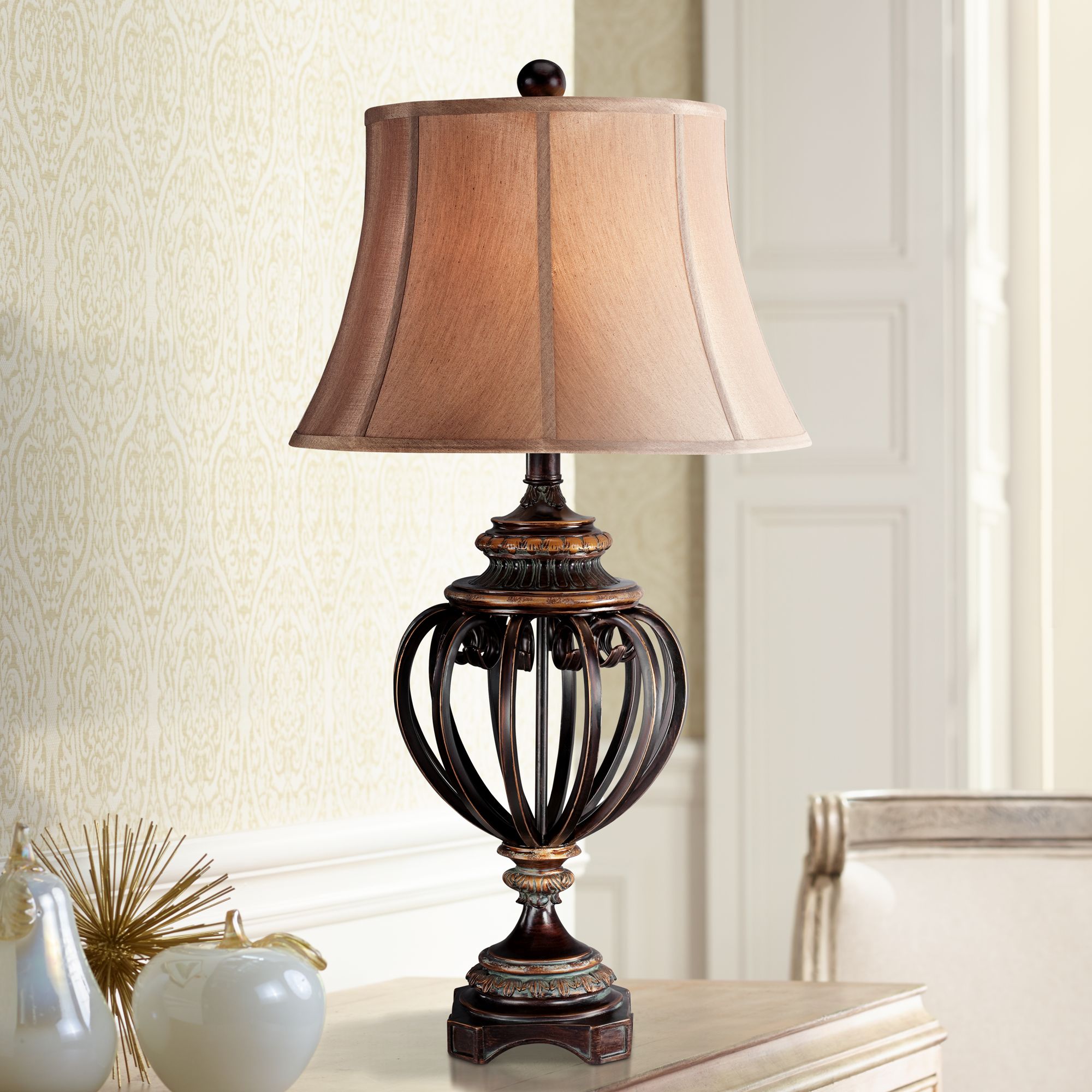 Traditional Table Lamp Iron and Bronze Open Urn for Living Room Bedroom