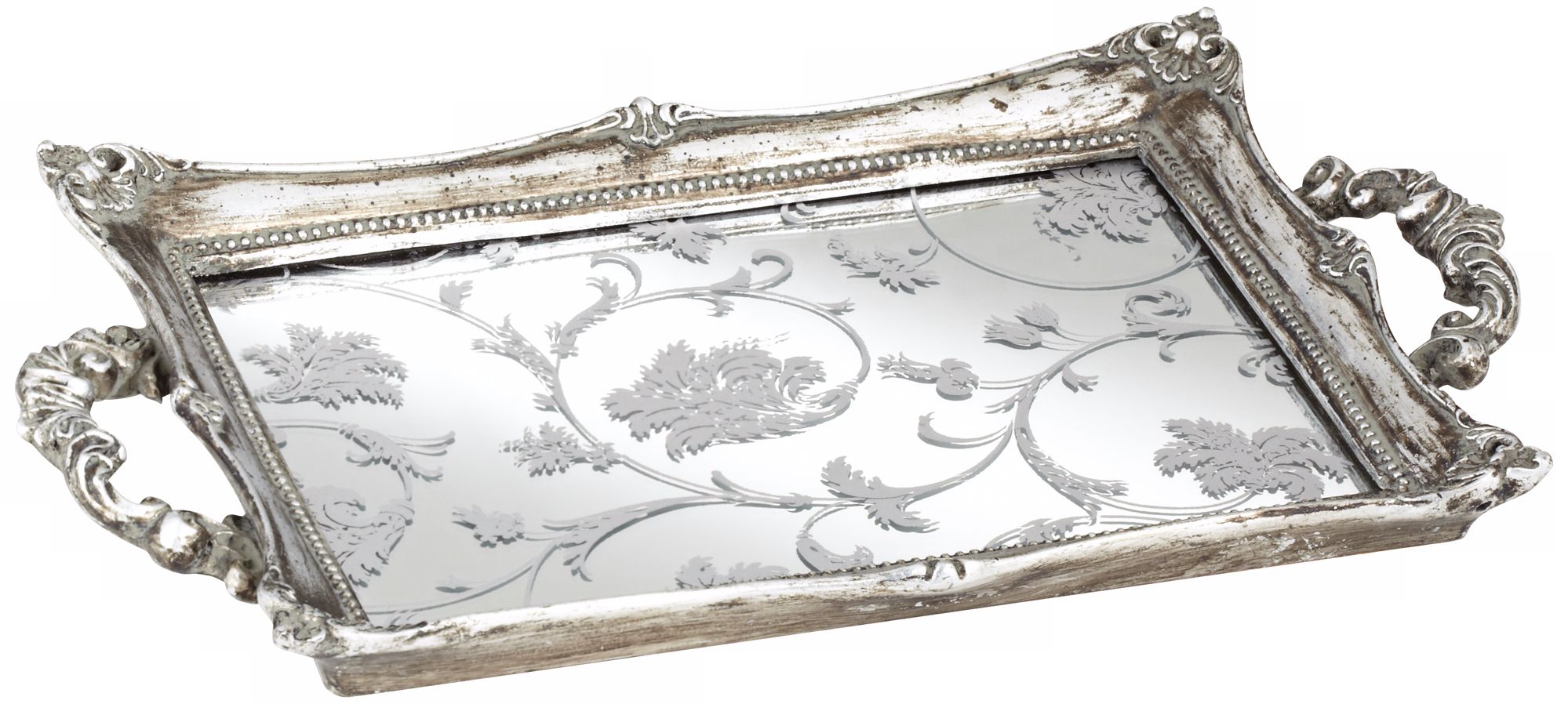 Floral Pattern 13" Wide Silver Mirrored Decorative Tray