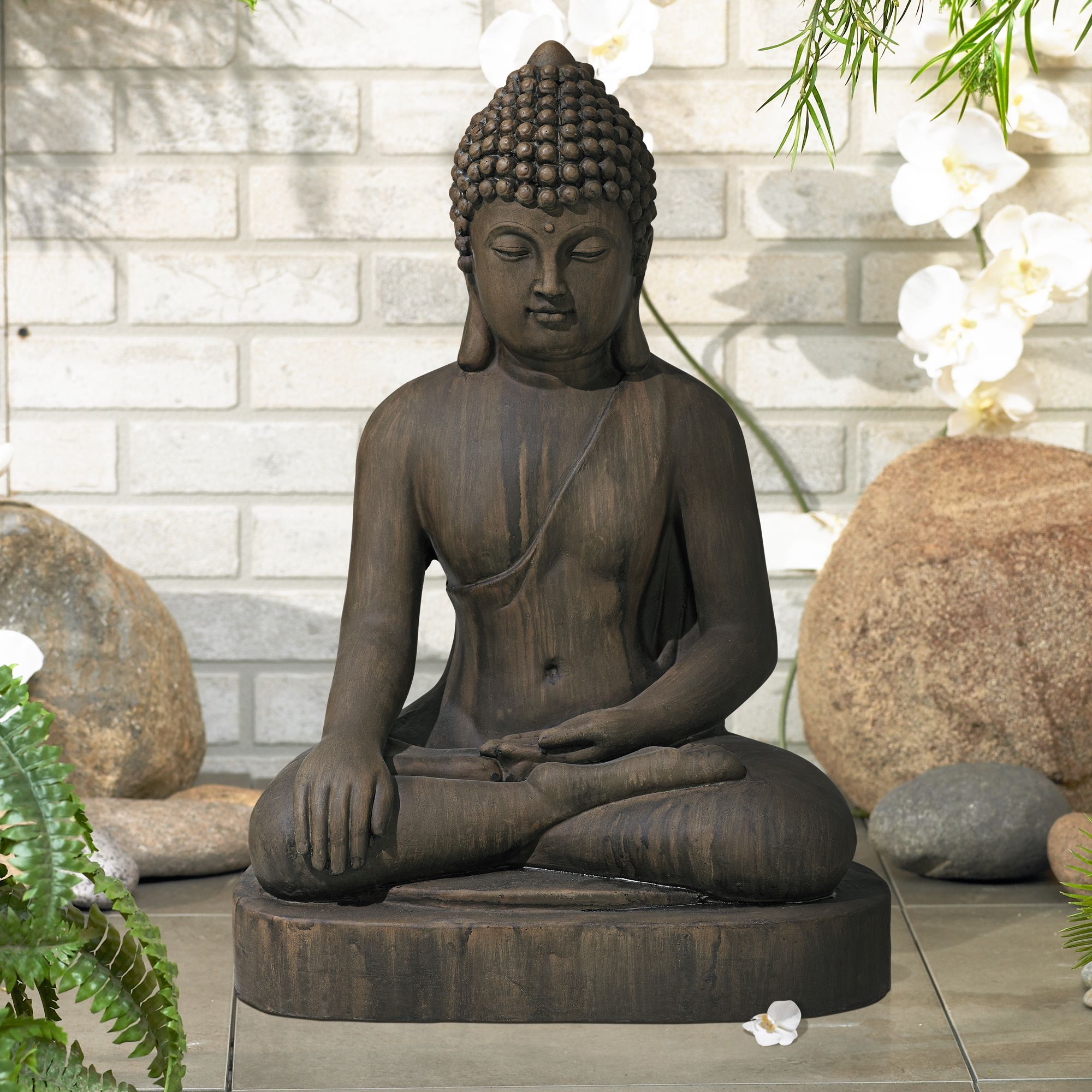 Zen Buddha Outdoor Statue 29 5 Sitting Weathered Dark Sandfor Yard   V8077cropped