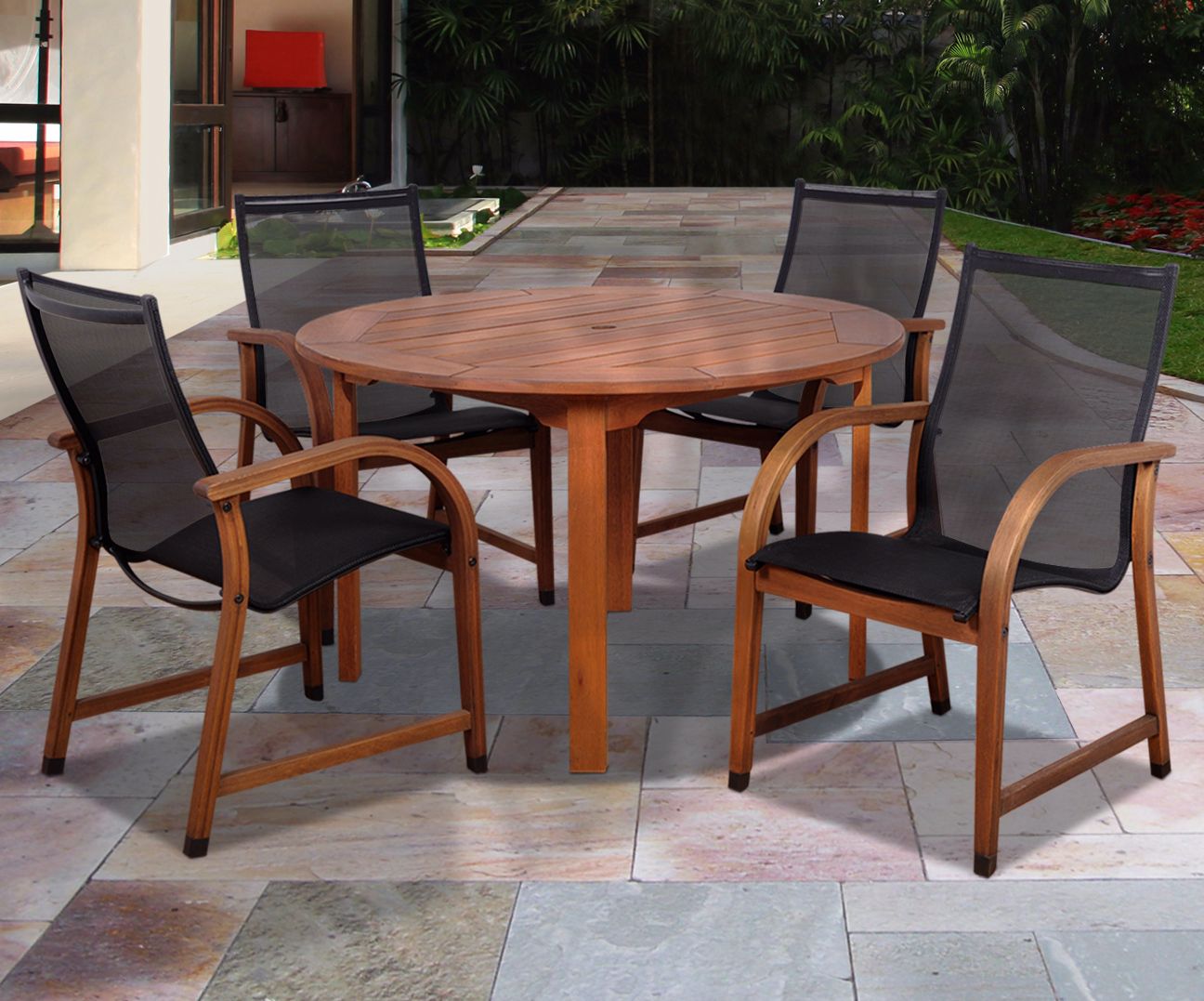 Arriba Eucalyptus Round 5-Piece Outdoor Patio Dining Set