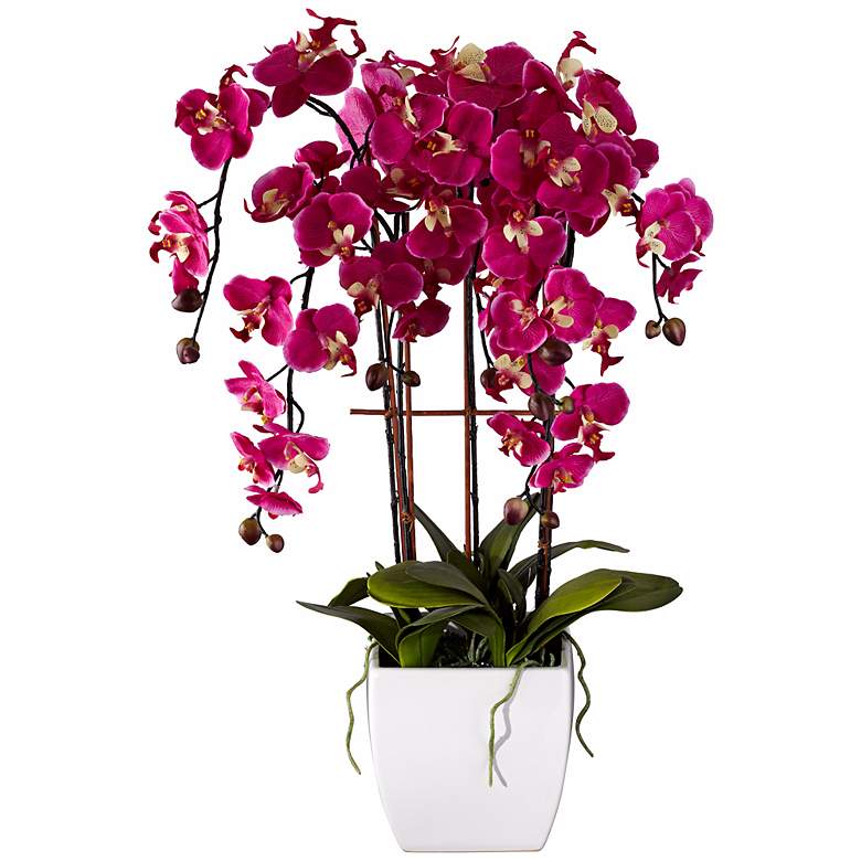 Potted White Ceramic 29&quot; High Faux Fuchsia Orchid