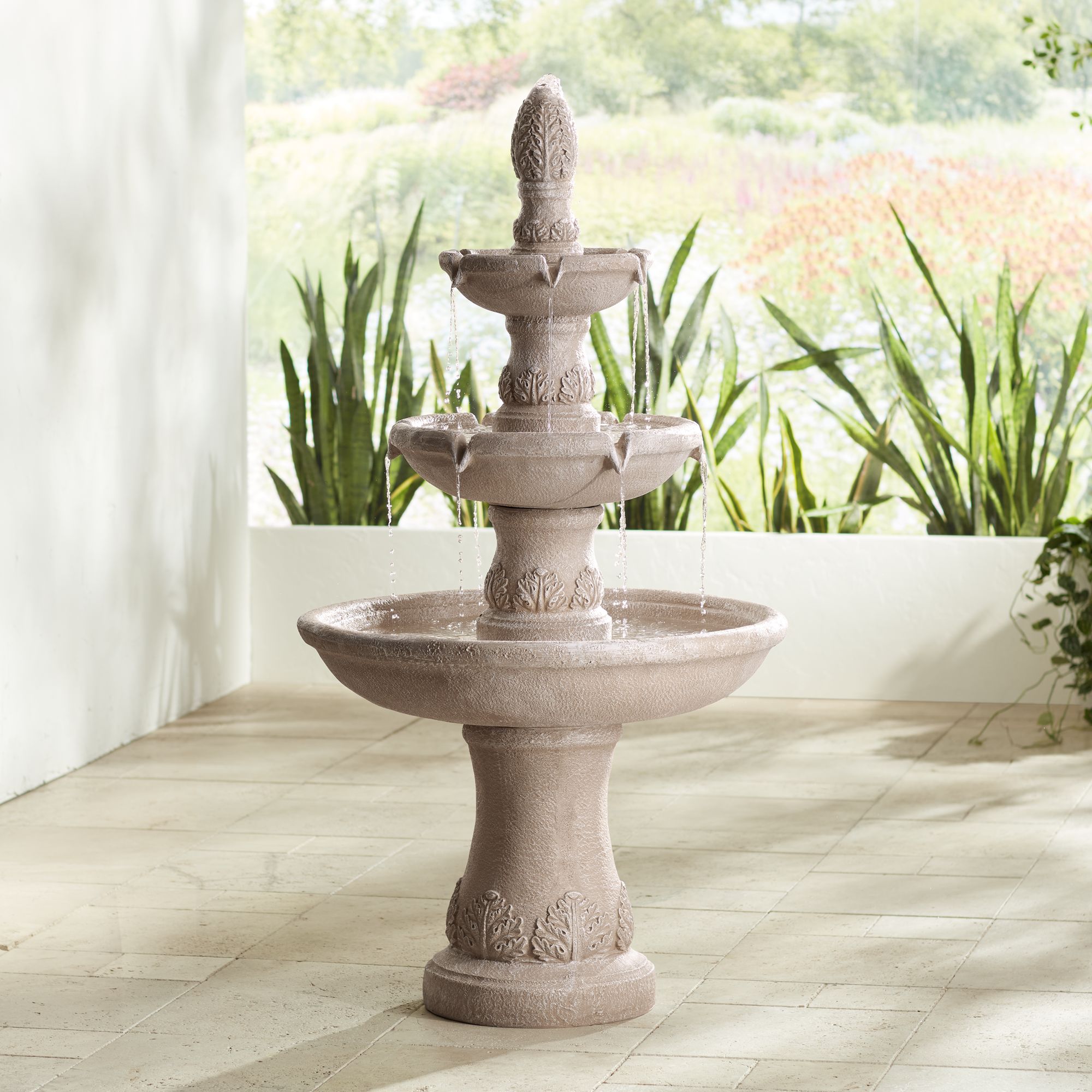 Outdoor Water Fountain 57" Traditional Tan 3-Tiered Cascading for Yard